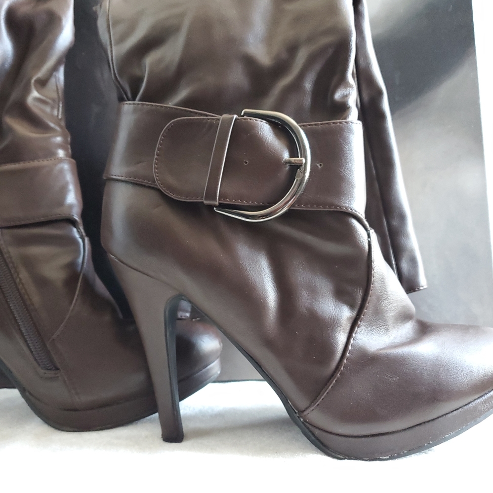 Brown Pleather Heeled Boots